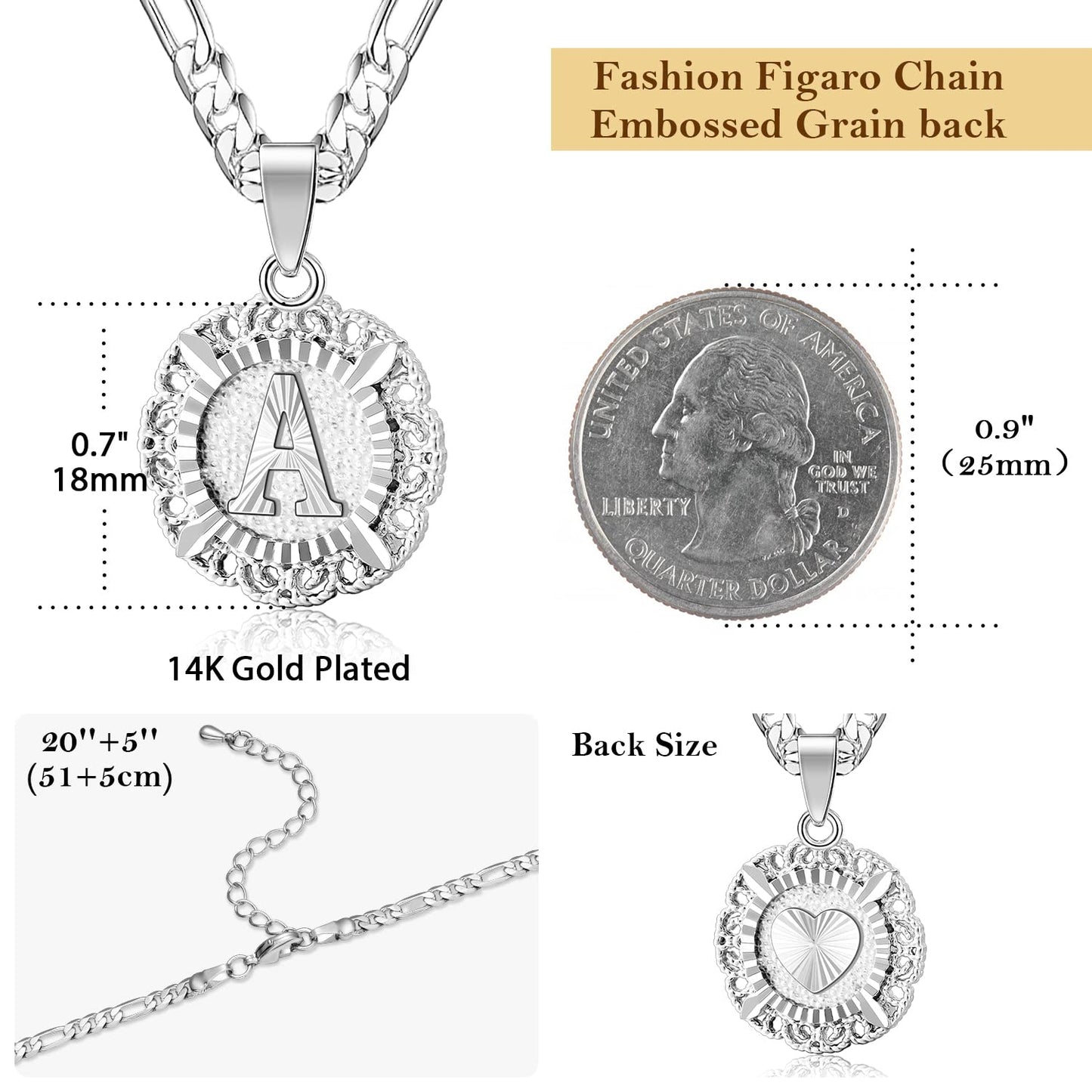 14K Gold Plated Initial Necklace for Women, Round Letter A-Z Monogram Pendant on Figaro Chain