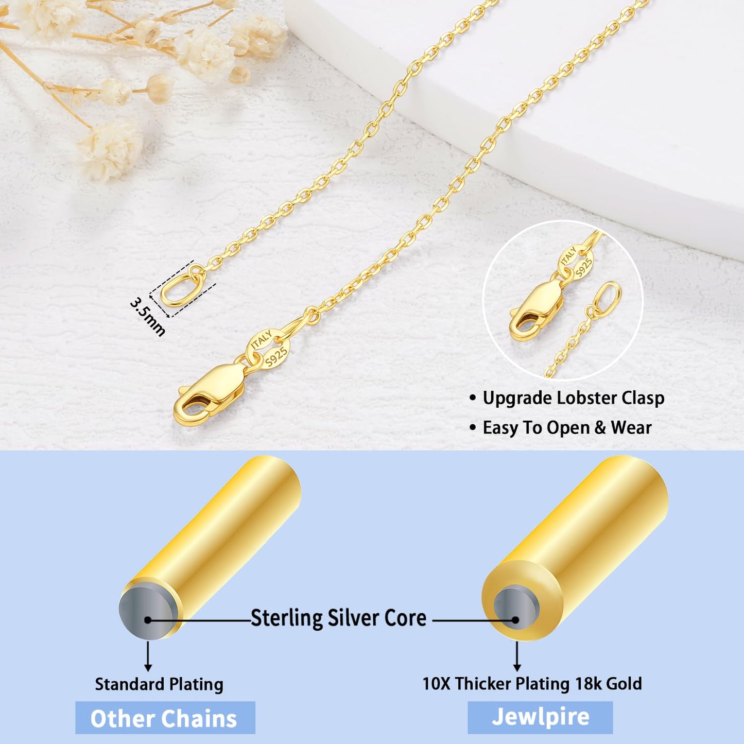 18K Gold Plated 925 Sterling Silver 1.1mm Cable Chain Necklace for Women, Thin Dainty Sturdy, 14"-24" Adjustable