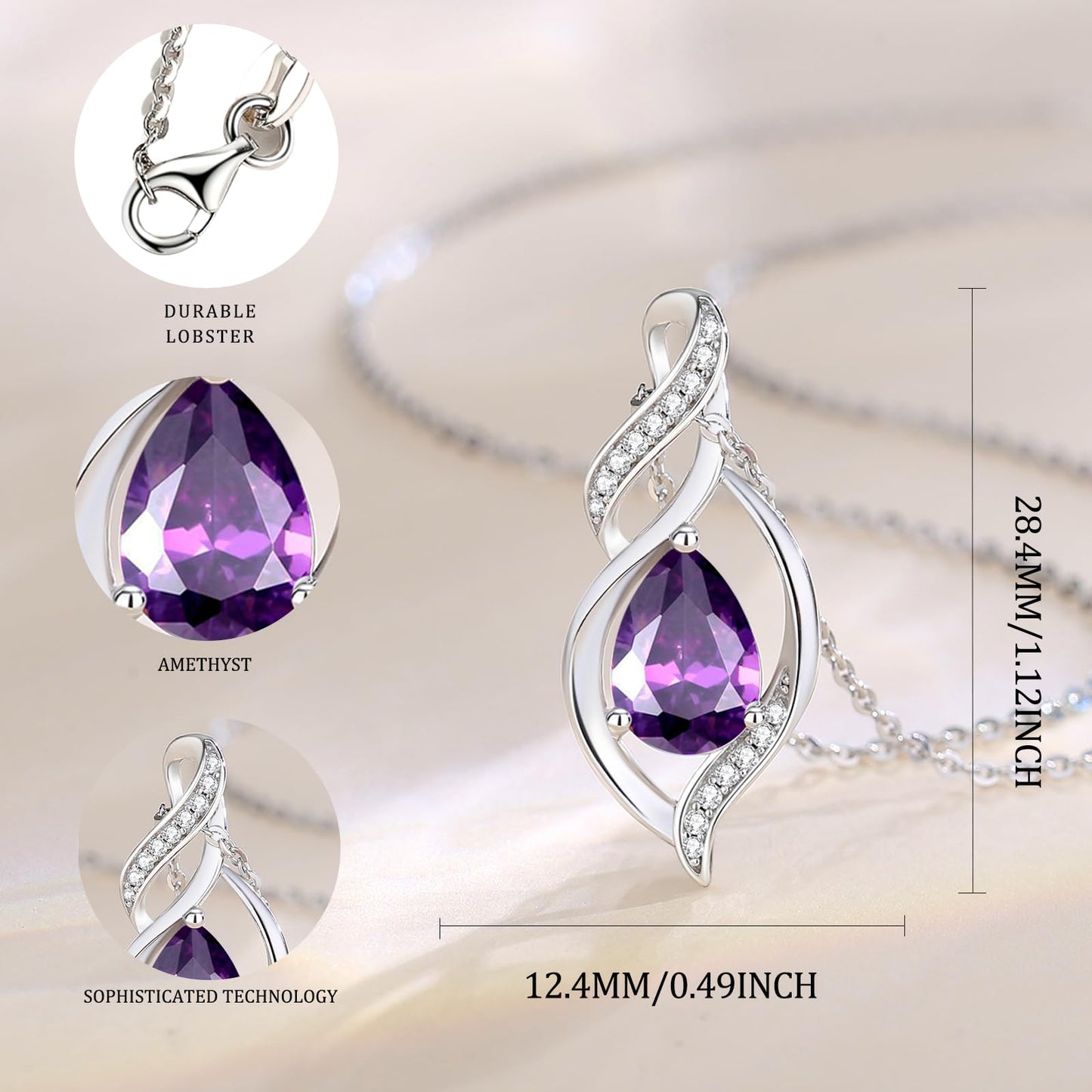 S925 Sterling Silver Birthstone Teardrop Necklace, Infinity Love Pendant, 16"+2" Birthday Gift for Women and Girls