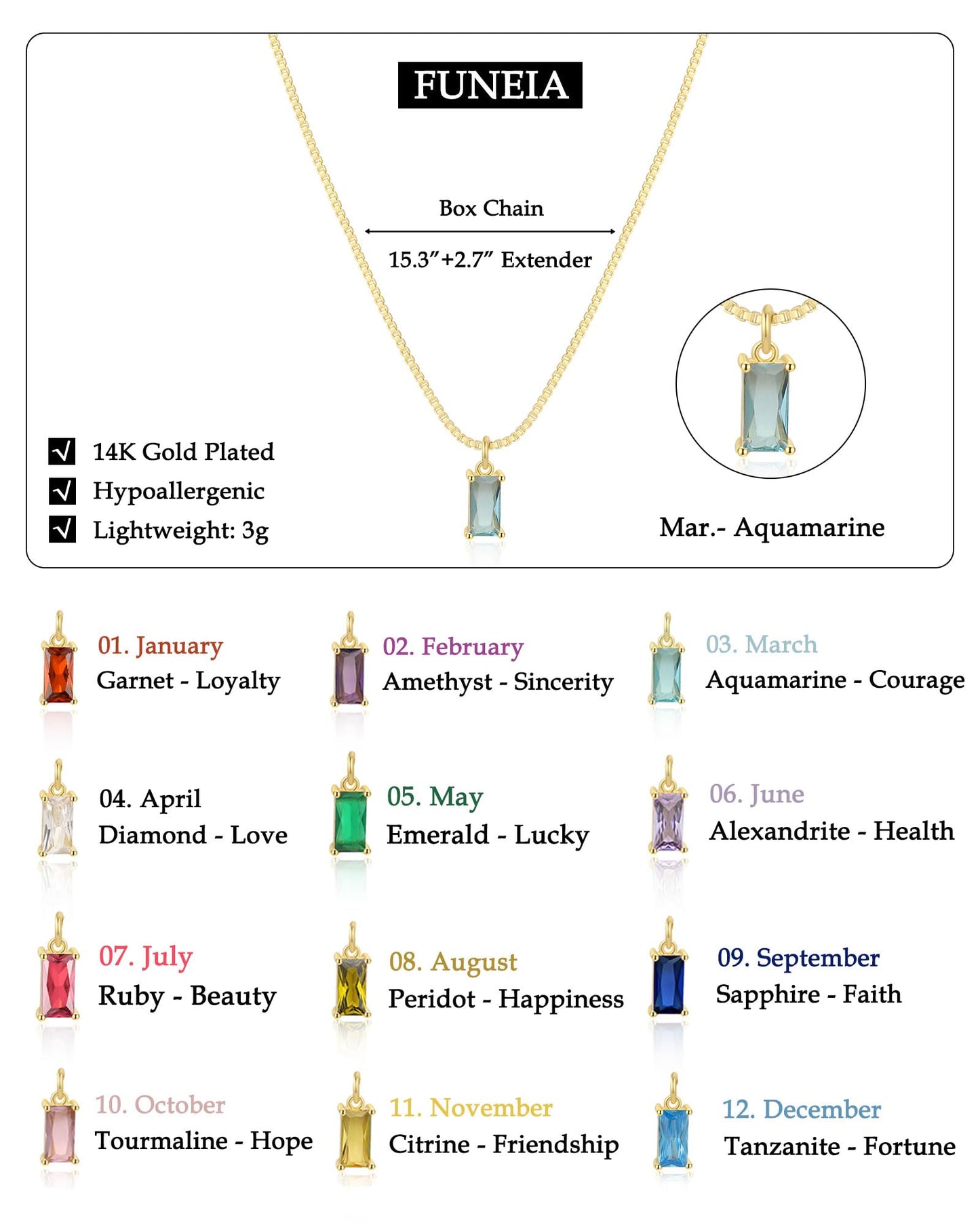 14K Gold Plated Emerald Birthstone Necklace for Women, Blue Green Cubic Zirconia Pendant, Dainty Birthday Jewelry Gift