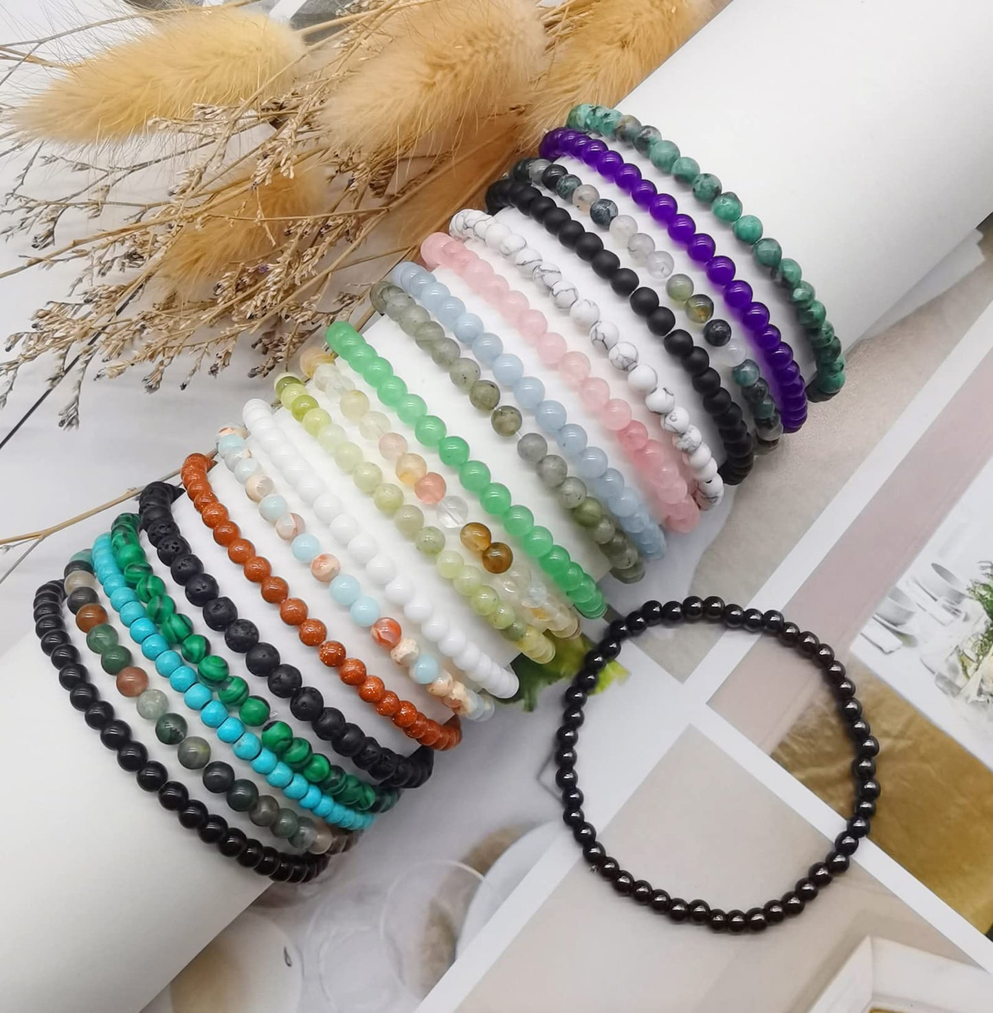 Handmade 6mm Semi-Precious Gemstone Round Bead Stretch Bracelet, 7" Unisex