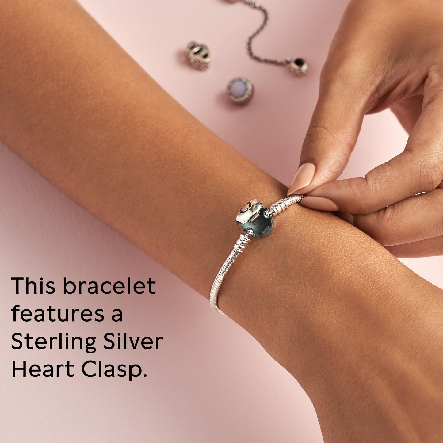 Crystal Pave Heart Charm Stretch Bracelet for Women, Silver Tone