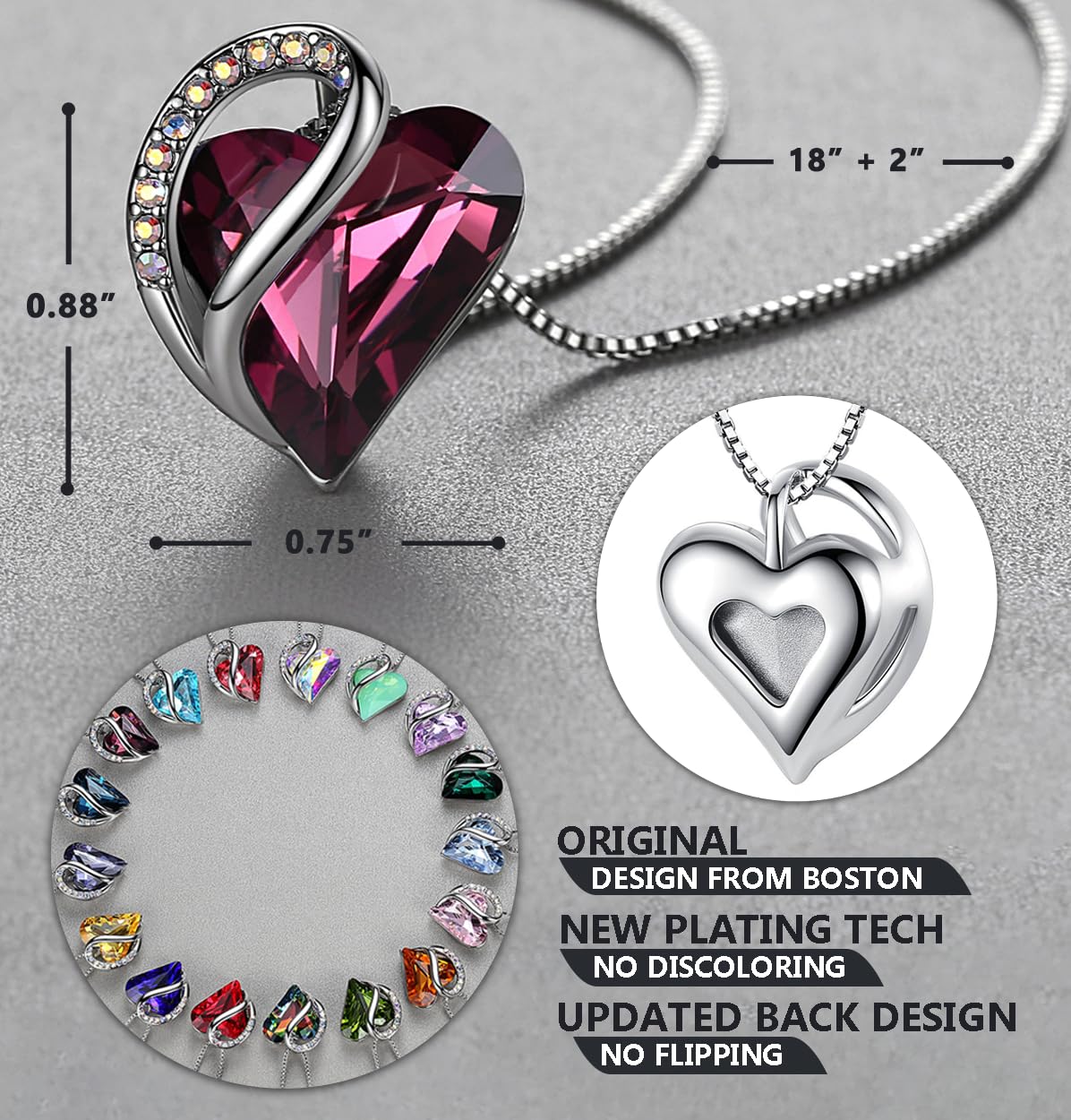 Silver Plated Infinity Love Birthstone Heart Crystal Pendant Necklace, 18"+2" Adjustable Chain, Gift for Women