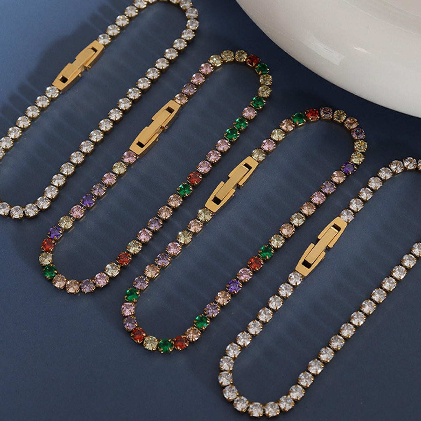 Silver Plated Tennis Bracelet for Women with Cubic Zirconia, 7x5mm Oval Gemstones, 2.5mm Round White CZ, 7" Hypoallergenic, Multiple Colors