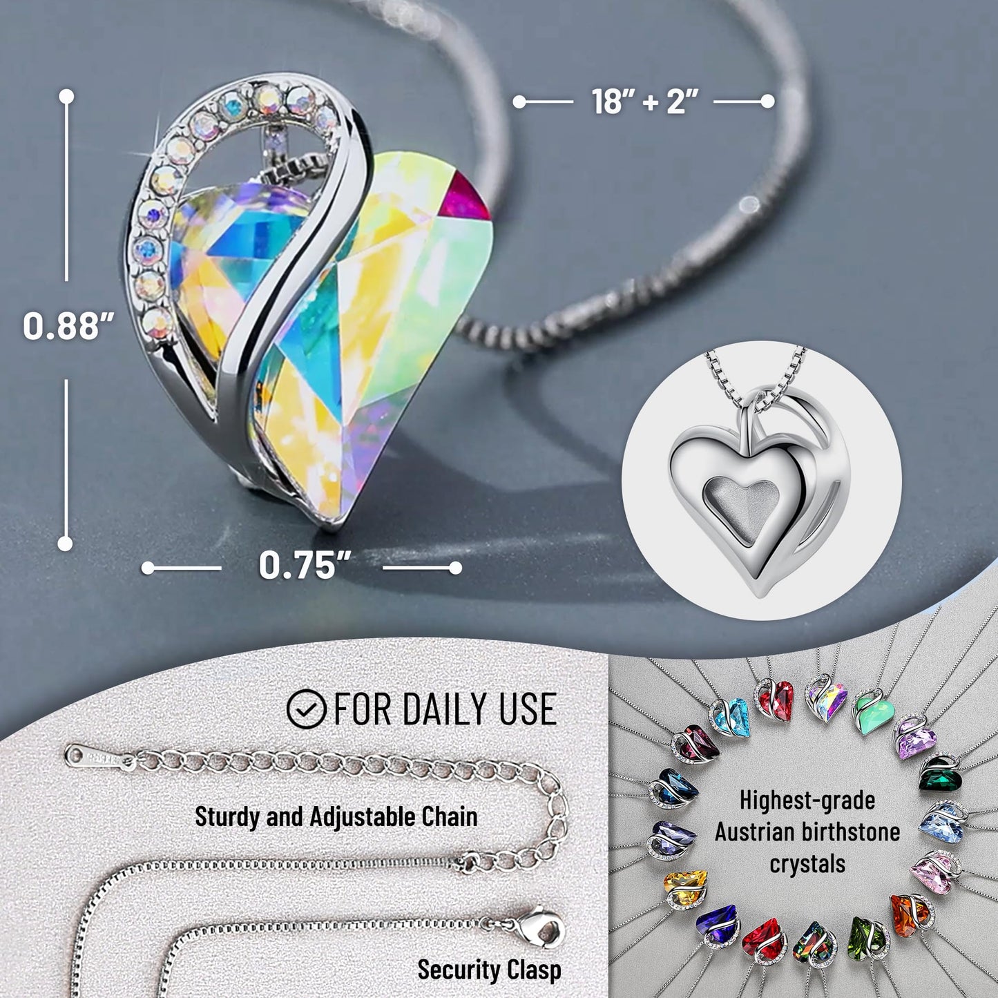Infinity Love Birthstone Heart Crystal Pendant Necklace, Silver Plated, 18"+2" Adjustable Chain, Birthday Gift for Women