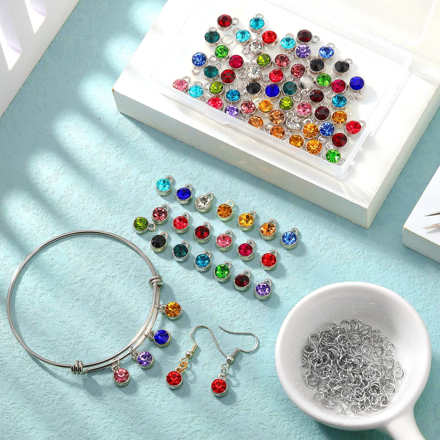 80pcs Crystal Birthstone Charms with 200 Jump Rings, Mixed Color Round Pendants for DIY Jewelry Making (Vivid Color)