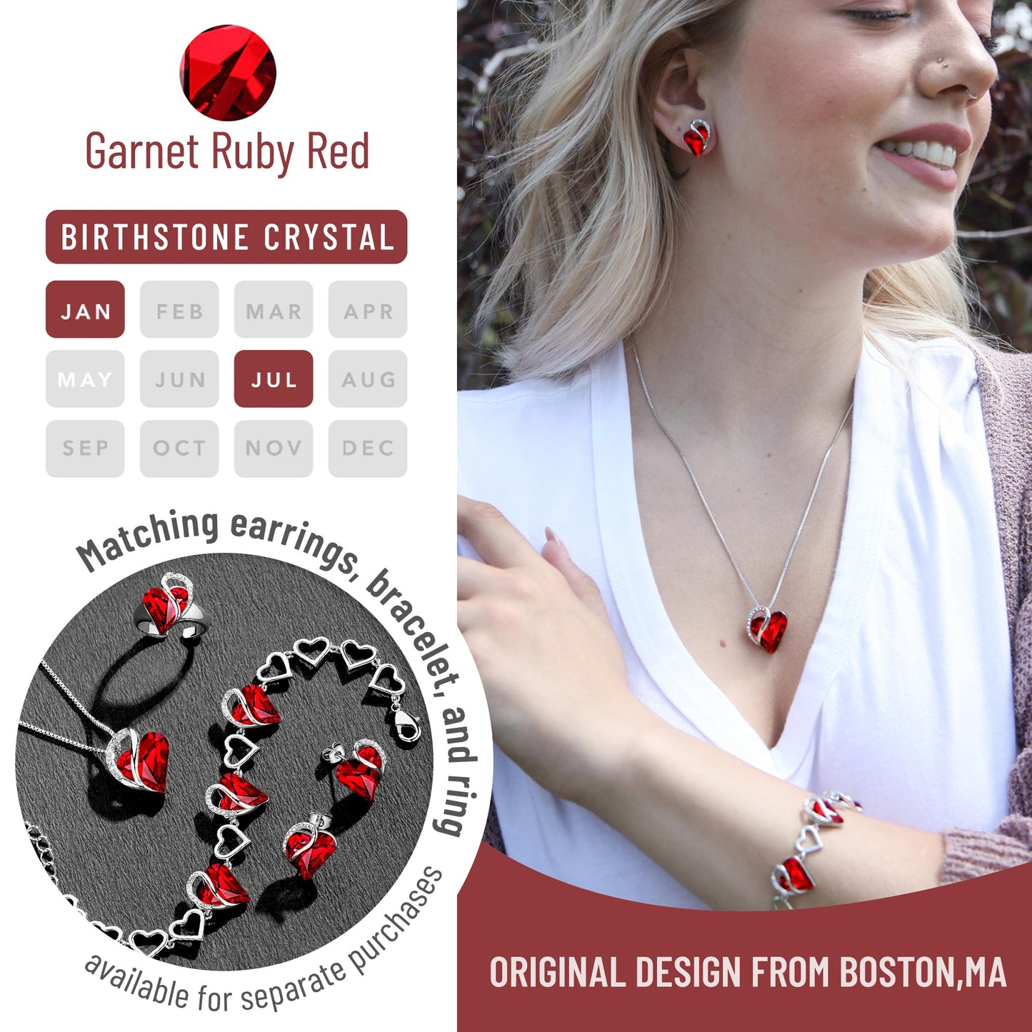 Infinity Love Birthstone Heart Crystal Pendant Necklace, Silver Plated, 18"+2" Adjustable Chain, Jewelry Gift for Women