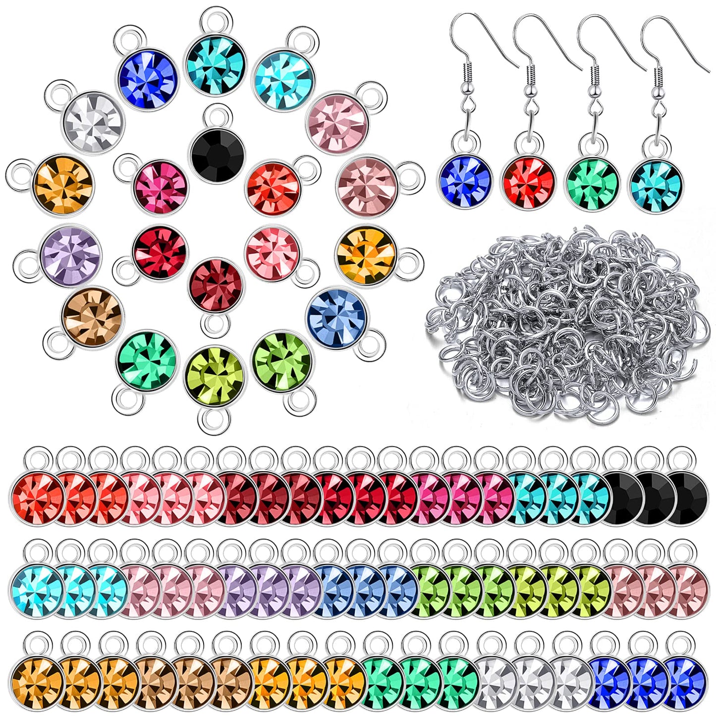 80pcs Crystal Birthstone Charms with 200 Jump Rings, Mixed Color Round Pendants for DIY Jewelry Making (Vivid Color)