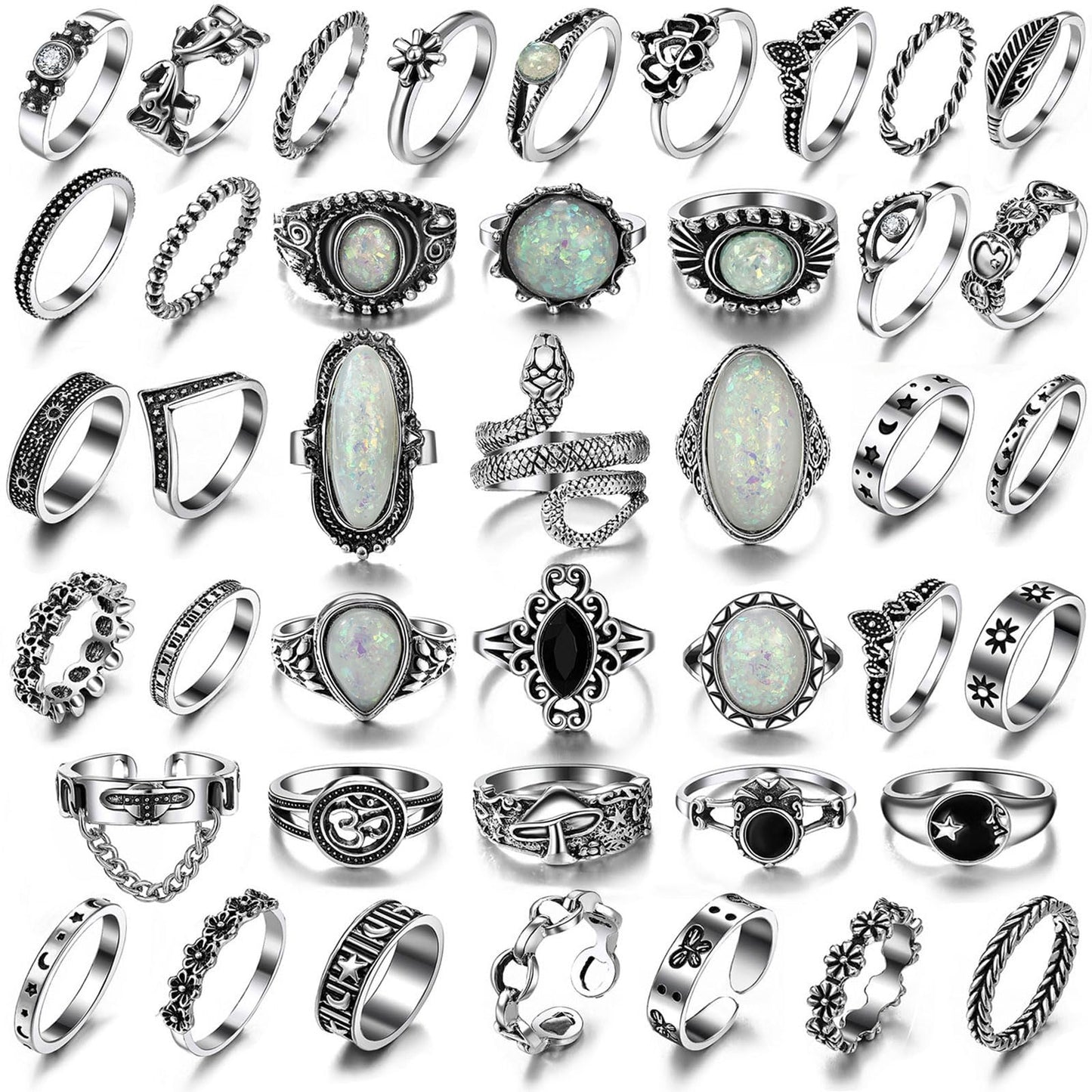 17IF Vintage Silver Knuckle Rings Set for Women & Men, Chunky Adjustable Gothic Punk Stackable Rings Pack — Snake, Skull, Frog, Heart, Star, Flower & Boho Y2K Aesthetic Finger Jewelry