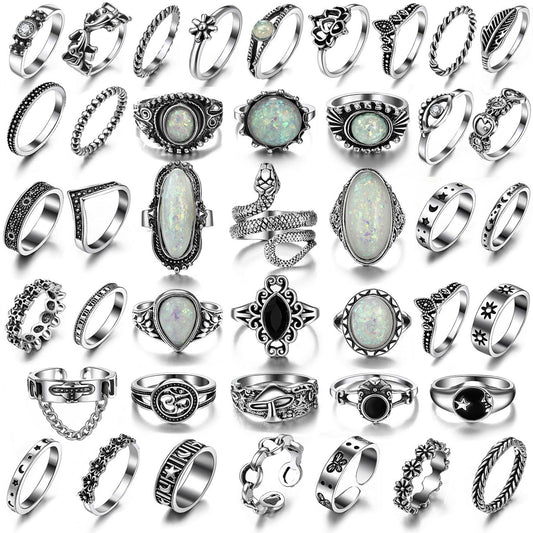 17IF Vintage Silver Knuckle Rings Set for Women & Men, Chunky Adjustable Gothic Punk Stackable Rings Pack — Snake, Skull, Frog, Heart, Star, Flower & Boho Y2K Aesthetic Finger Jewelry