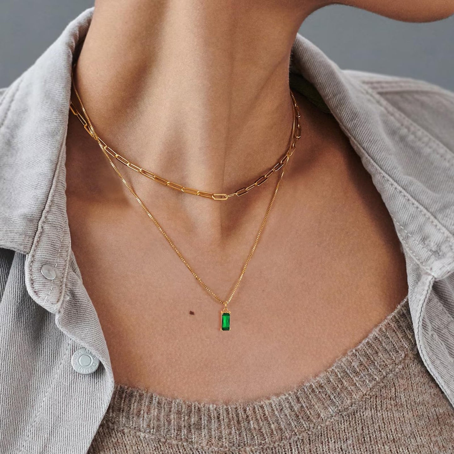 14K Gold Dainty Birthstone Necklace for Women, Blue Green Cubic Zirconia Emerald Pendant, Waterproof Non-Tarnish Jewelry Gift