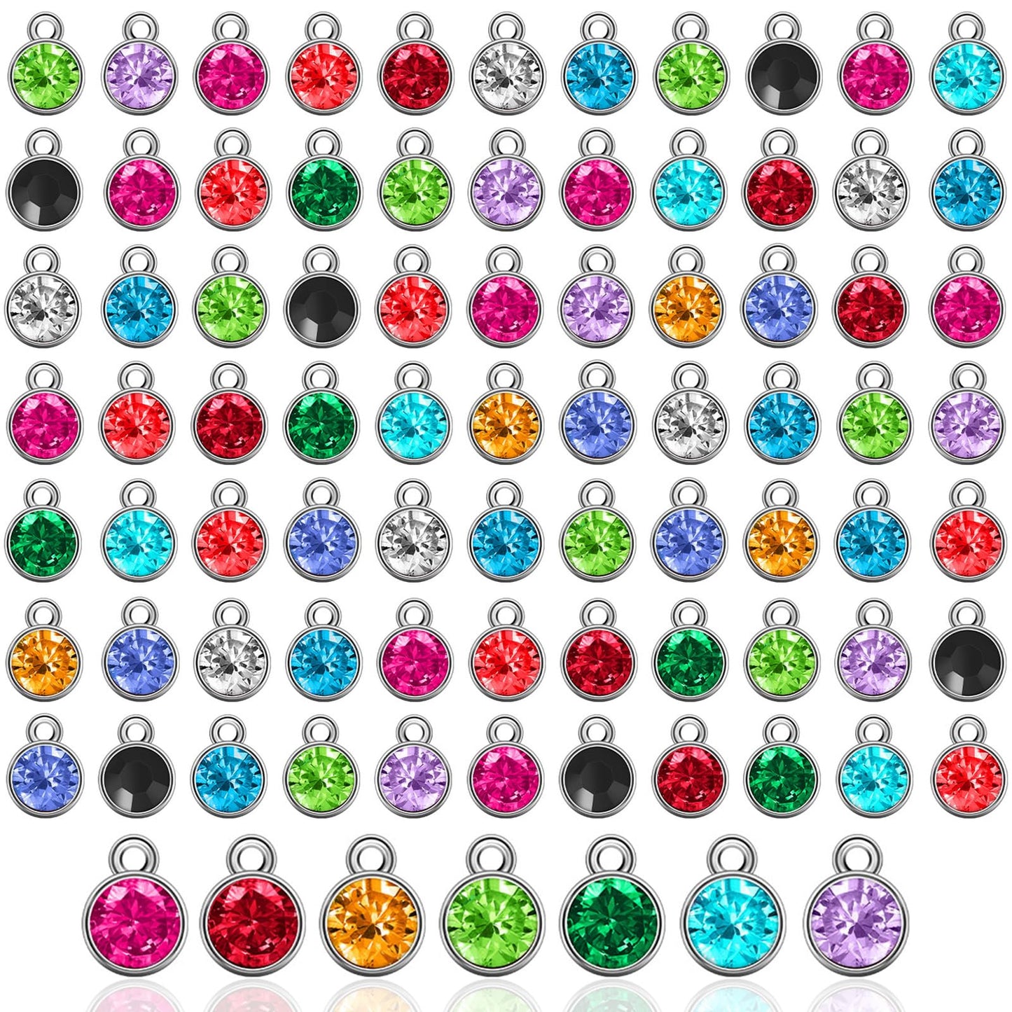 108pcs Crystal Birthstone Charms with Rings, 7mm Round Pendants in 12 Colors for DIY Jewelry Making Supplies