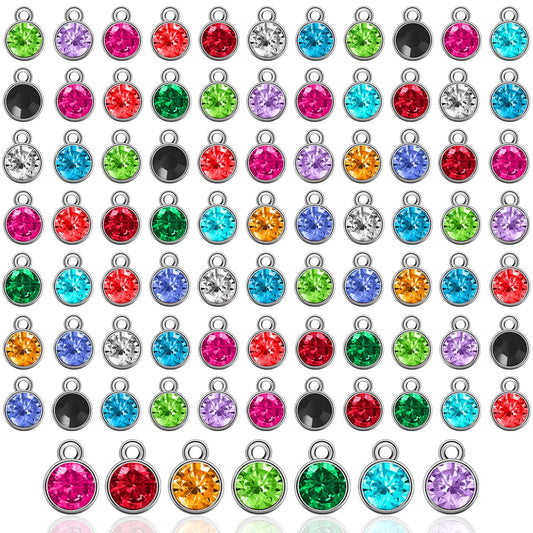 108pcs Crystal Birthstone Charms with Rings, 7mm Round Pendants in 12 Colors for DIY Jewelry Making Supplies