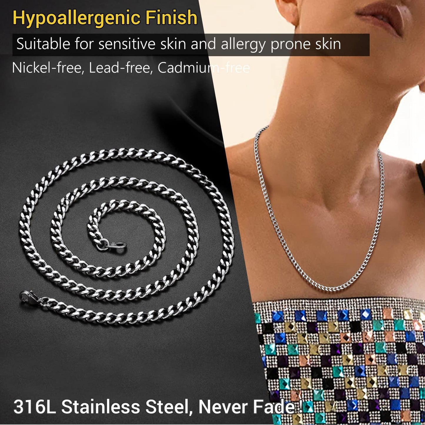 18K Gold Over Sterling Silver 1mm Box Chain Necklace, Italian Made Rose Gold Chain for Women and Men