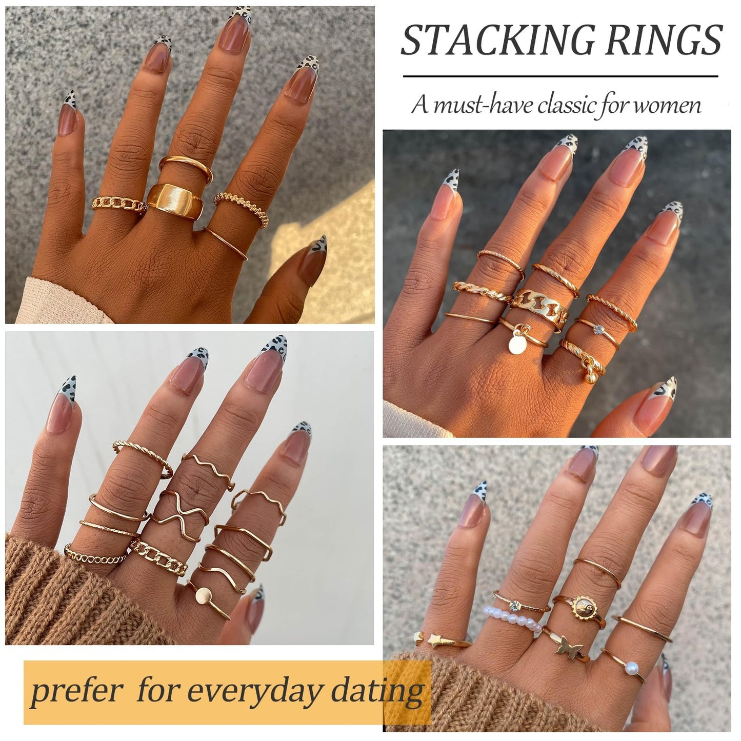 12 Pcs 18K Gold Plated Stackable Rings Set for Women, Adjustable Open Knuckle & Chunky Signet Bands, Statement Jewelry Gift
