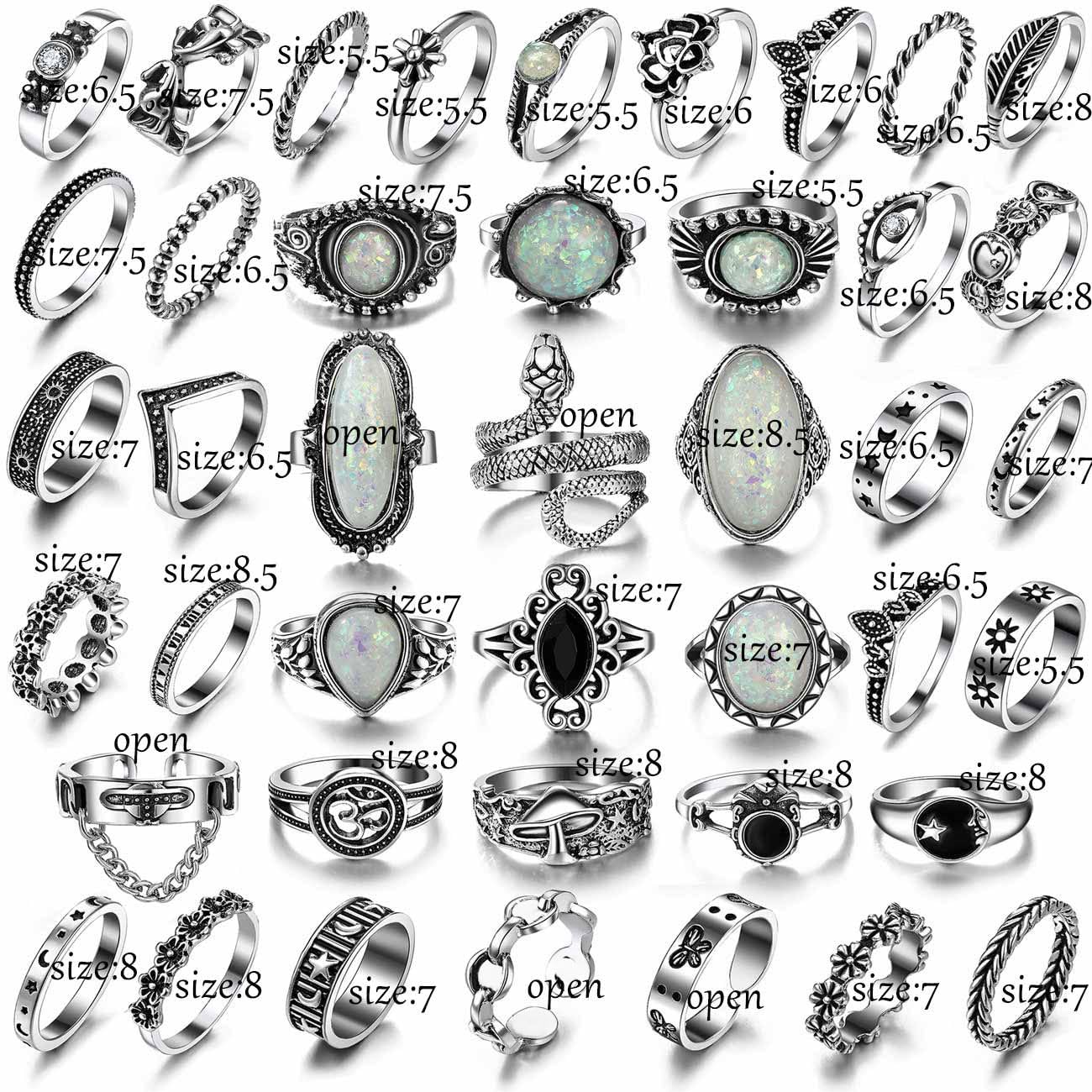 17IF Vintage Silver Knuckle Rings Set for Women & Men, Chunky Adjustable Gothic Punk Stackable Rings Pack — Snake, Skull, Frog, Heart, Star, Flower & Boho Y2K Aesthetic Finger Jewelry