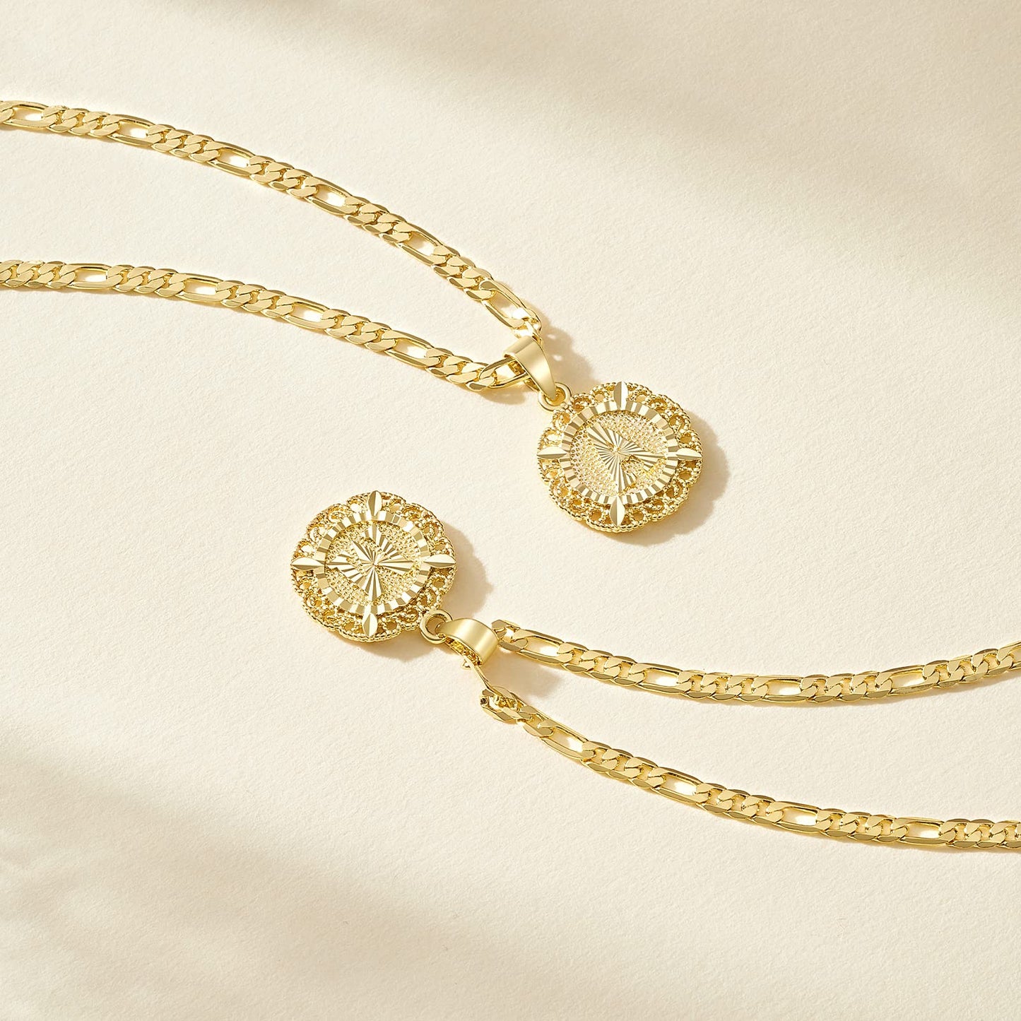 14K Gold Plated Initial Necklace for Women, Round A-Z Letter Pendant Monogram on Figaro Chain