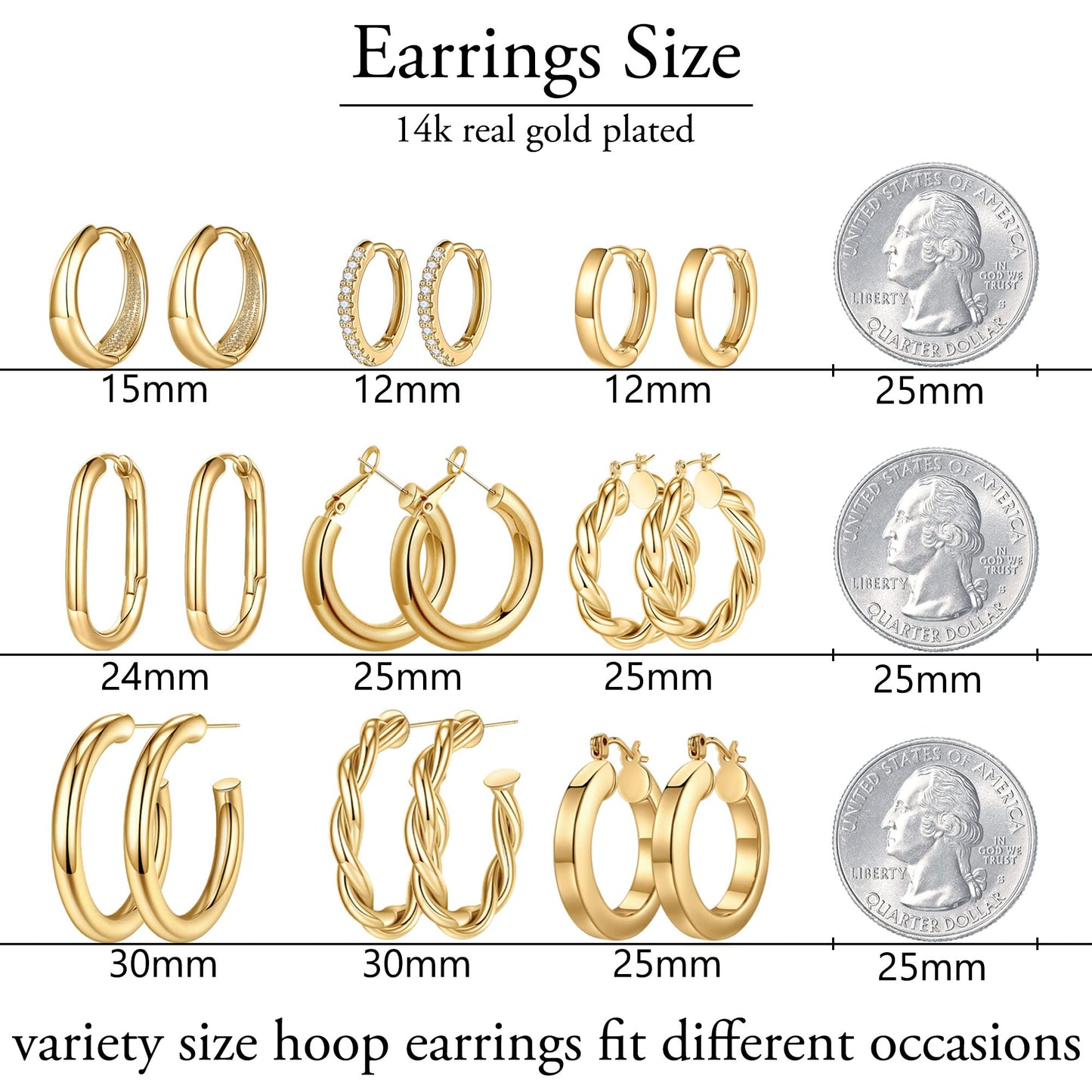 14K Gold Plated 925 Sterling Silver Hoop Earrings for Women, Lightweight 20-30mm Gold Hoops