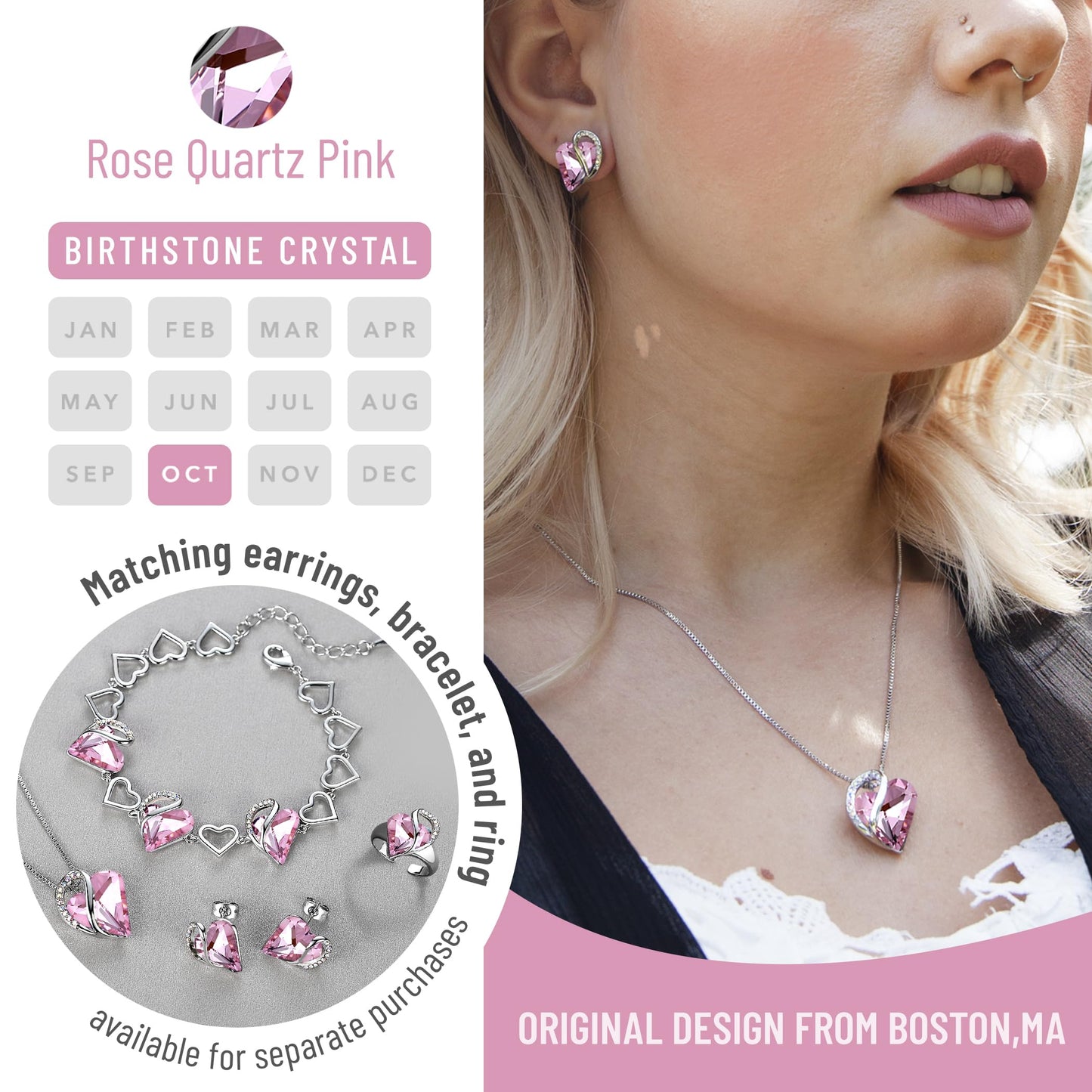 Infinity Love Birthstone Heart Crystal Pendant Necklace, Silver Plated with 18"+2" Adjustable Chain, Gift for Women