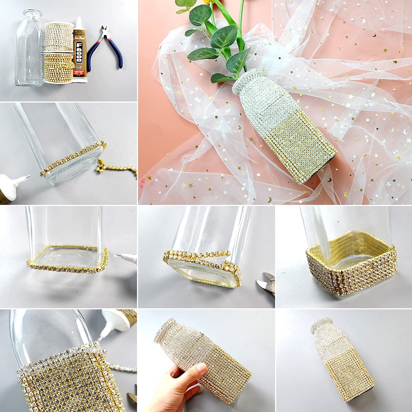 10 Yards 2mm Crystal AB Gold Rhinestone Chain Trim for Sewing, Crafts, Jewelry, Shoes & Wedding Decorations