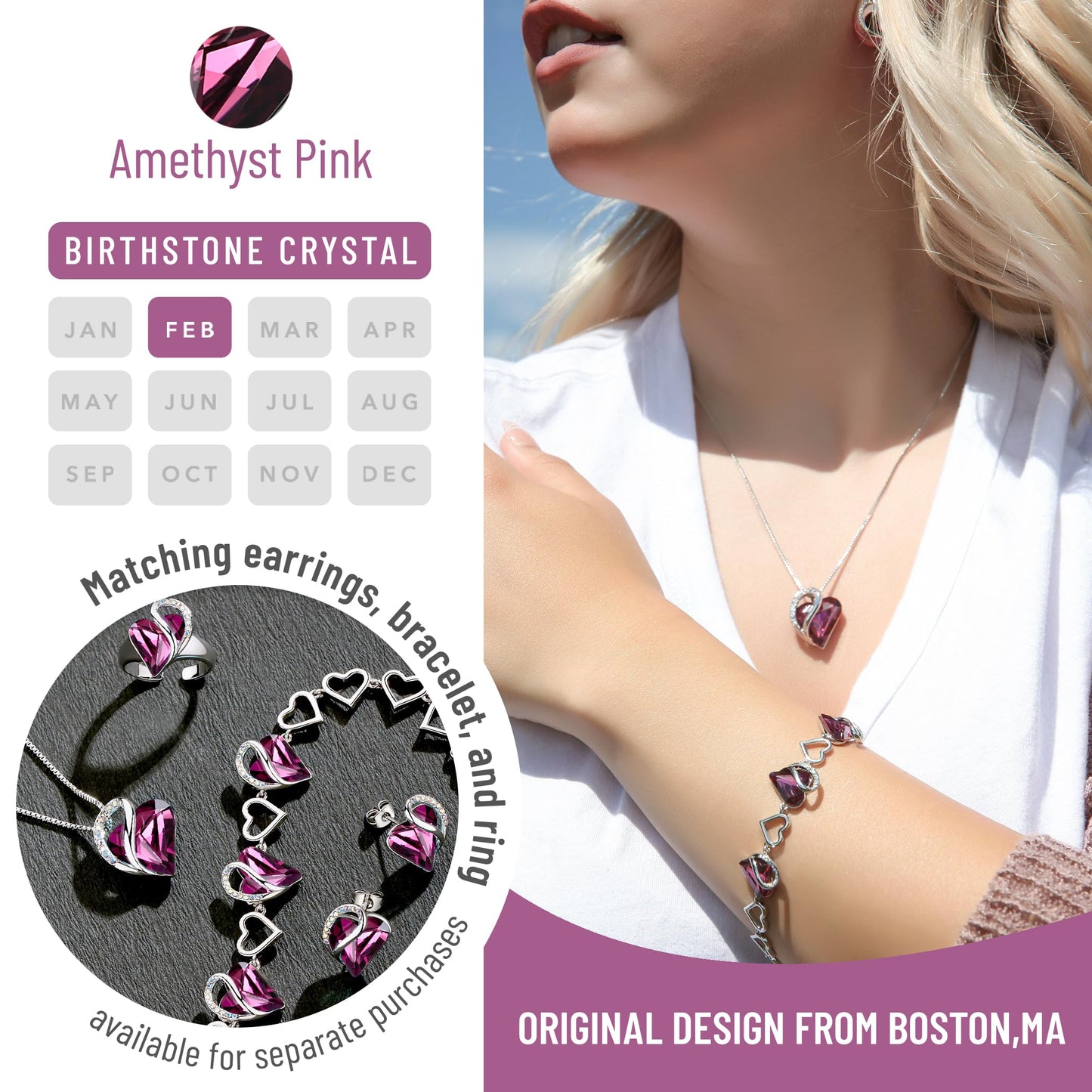 Silver Plated Infinity Love Birthstone Heart Crystal Pendant Necklace, 18"+2" Adjustable Chain, Gift for Women