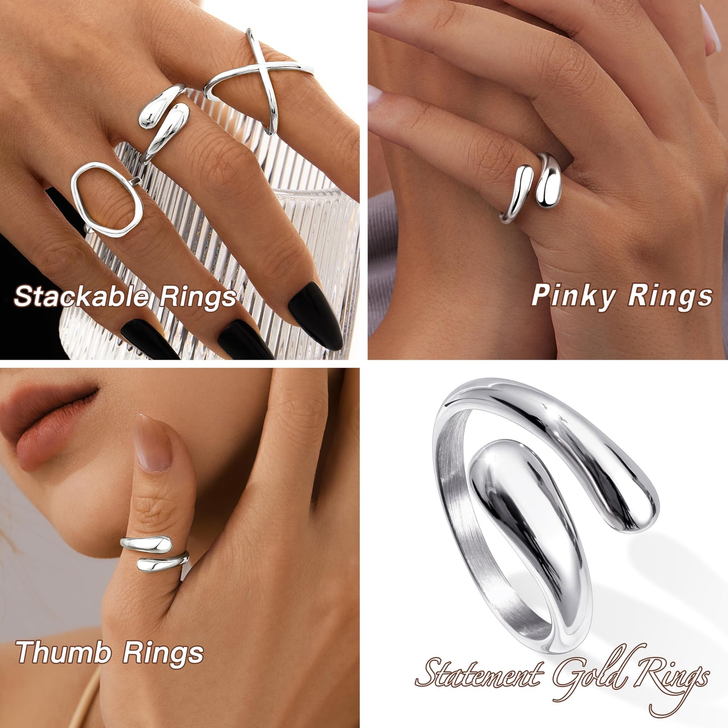 Non Tarnish Gold Chunky Rings for Women, Adjustable Dome Statement Rings, Stacking Silver Eternity Wedding Bands, Mixed Metal Jewelry Size 3-13