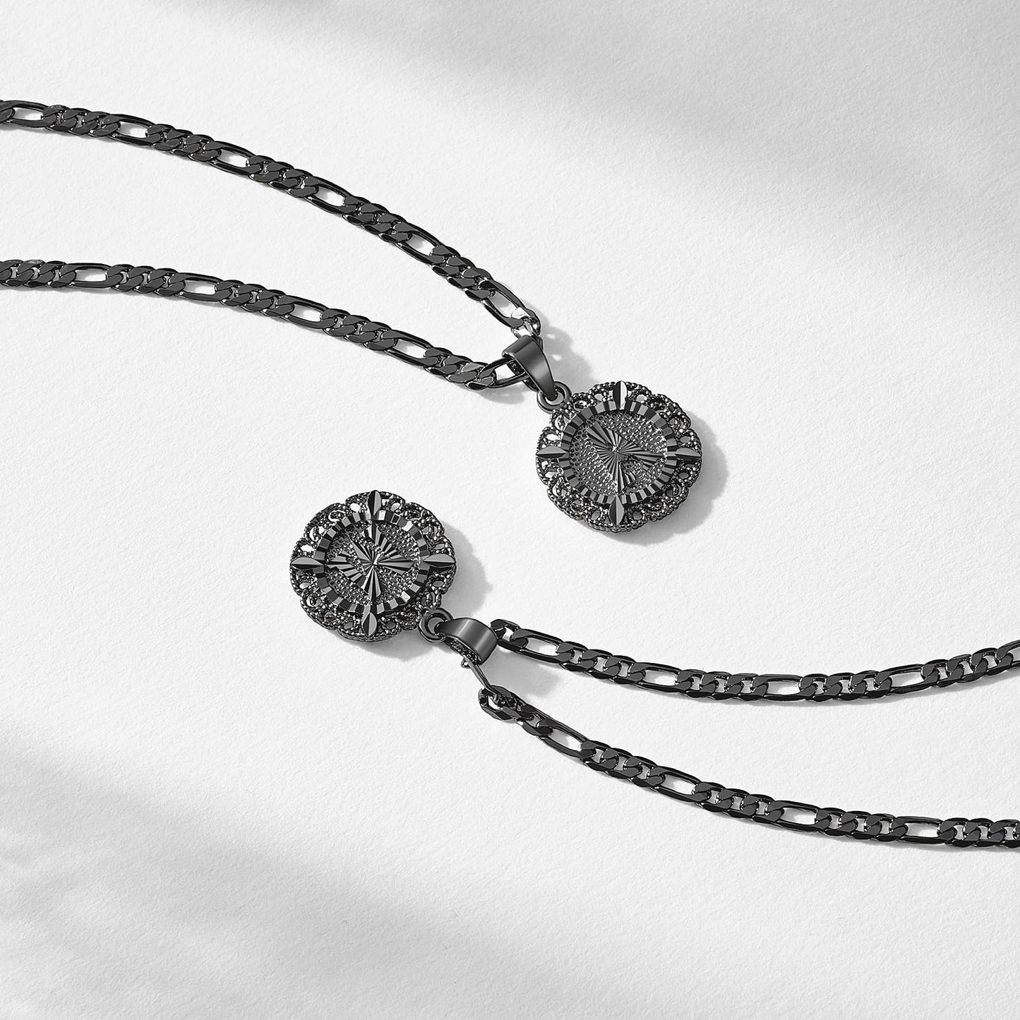 14K Gold Plated Initial Necklace for Women, Round Letter Pendant A-Z Monogram on Figaro Chain