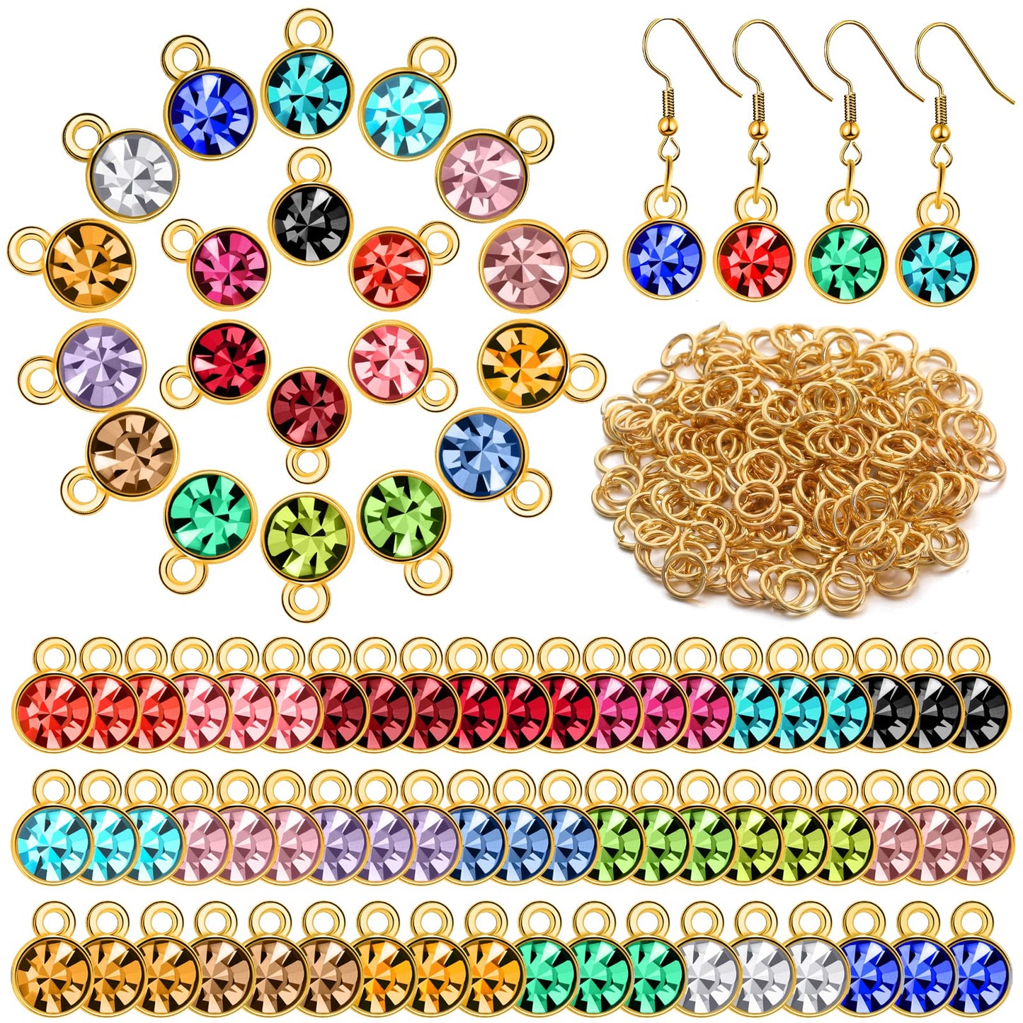 80pcs Crystal Birthstone Charms with 200 Jump Rings, Mixed Color Round Pendants for DIY Jewelry Making