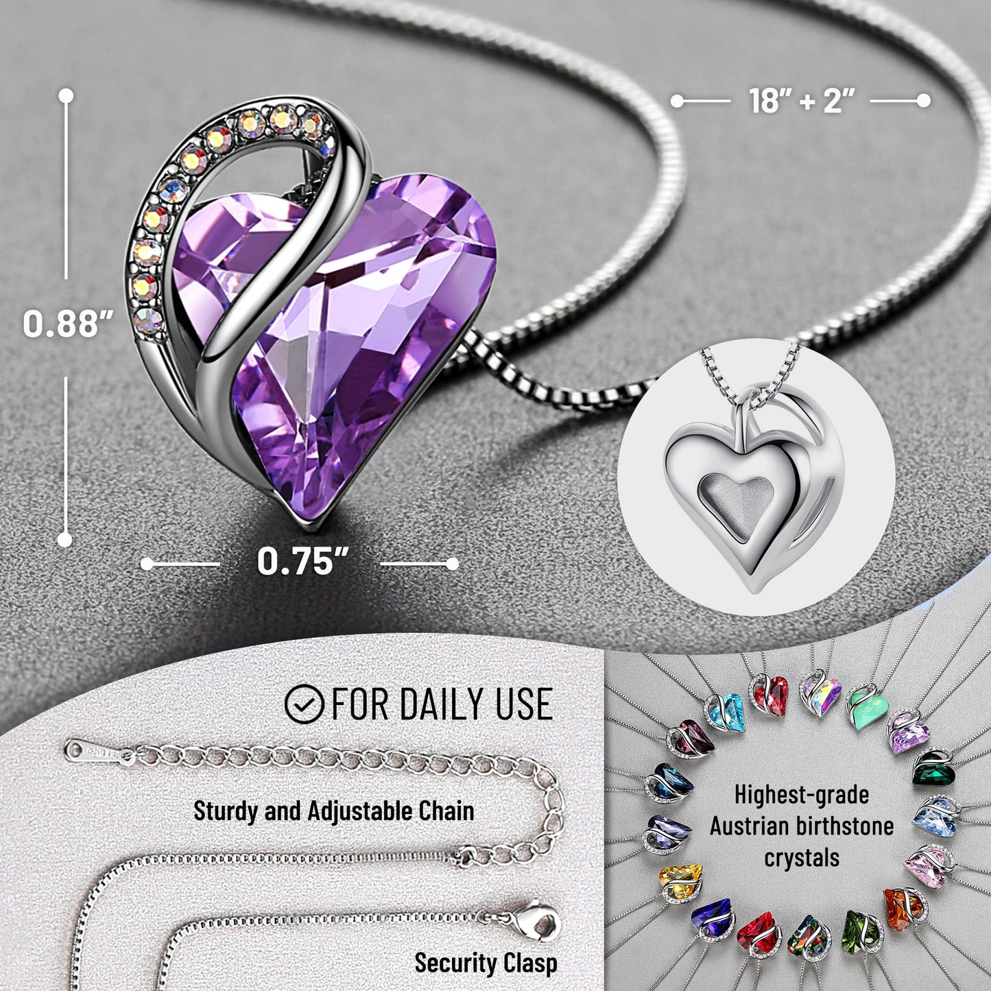 Silver Plated Infinity Love Birthstone Heart Crystal Pendant Necklace, 18"+2" Adjustable Chain, Jewelry Gift for Women