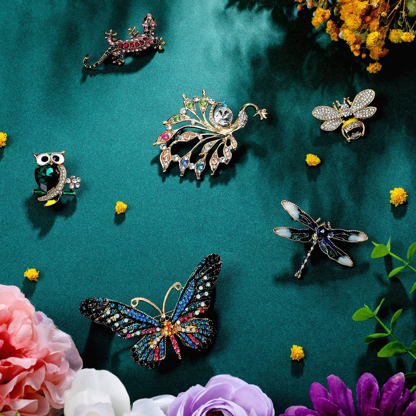 Knighthood Brooch Pin Set for Men & Women, White & Matte Gold Bee with Stone and Multicolor Owl Lapel Accessories