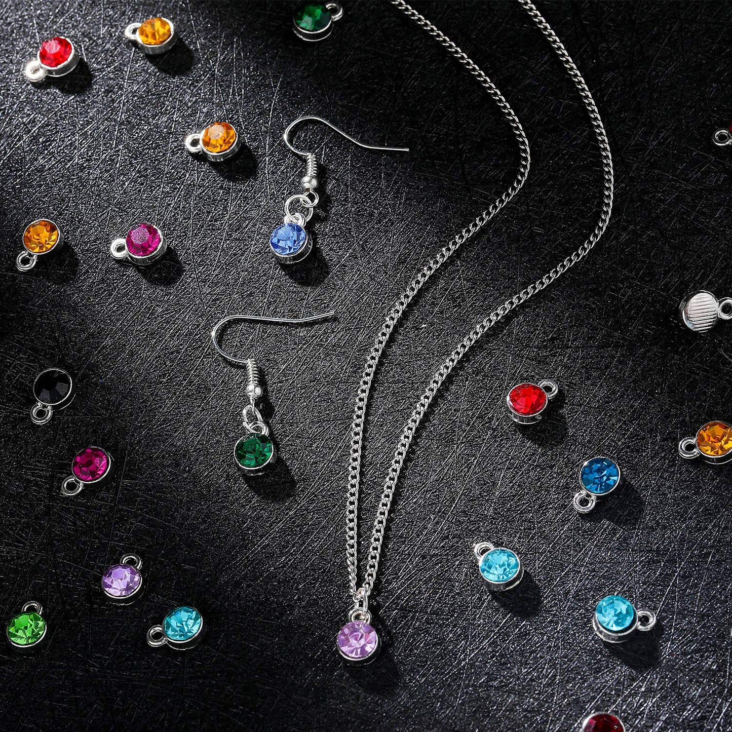 108pcs Crystal Birthstone Charms with Rings, 7mm Round Pendants in 12 Colors for DIY Jewelry Making Supplies