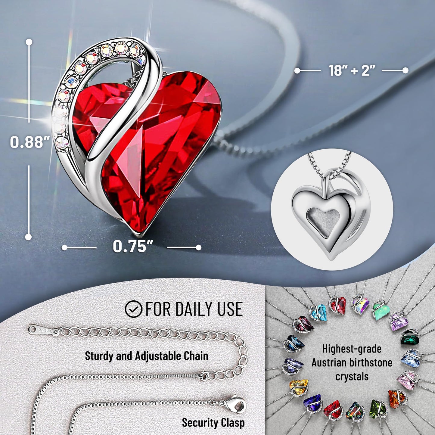 Infinity Love Birthstone Heart Crystal Pendant Necklace, Silver Plated, 18"+2" Adjustable Chain, Jewelry Gift for Women
